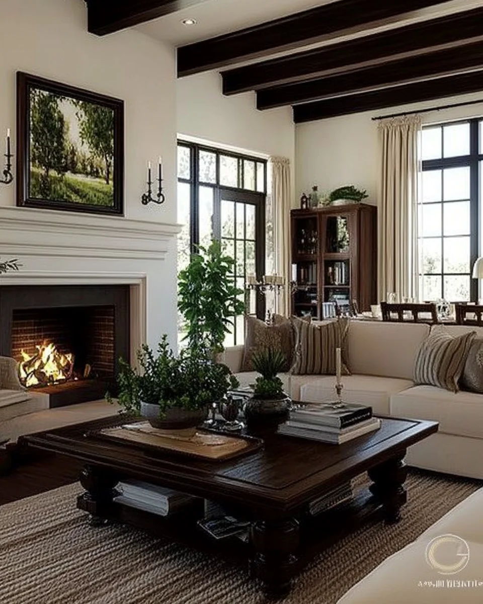 Elegant living room with dark wood ceiling beams, a cozy fireplace, a beige sectional sofa, and classic decor elements